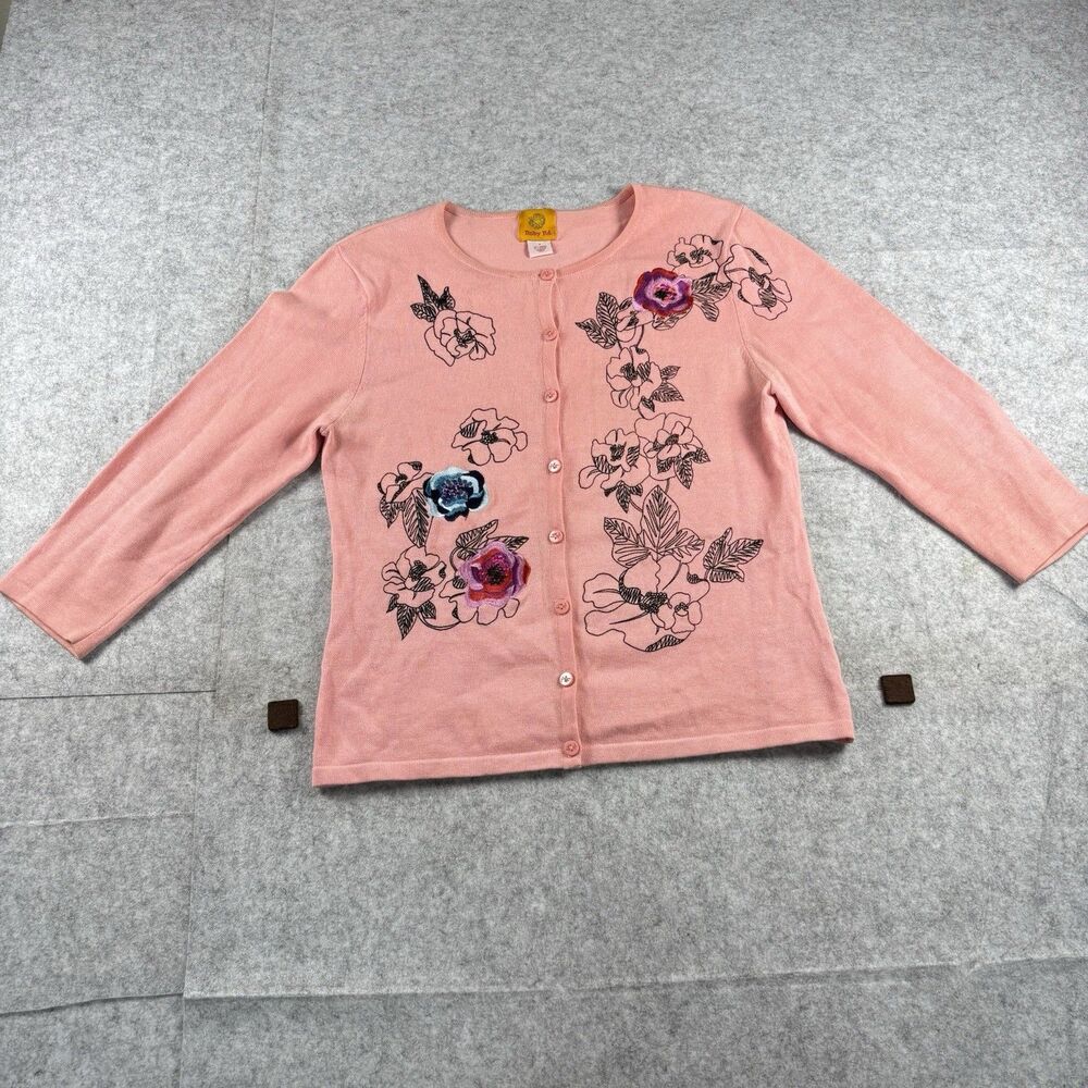 Vintage Ruby Rd Pink Floral Embroidered Sequin Cardigan Sweater Ramie Womens S